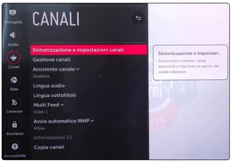 menu tv sintonizzazione canali